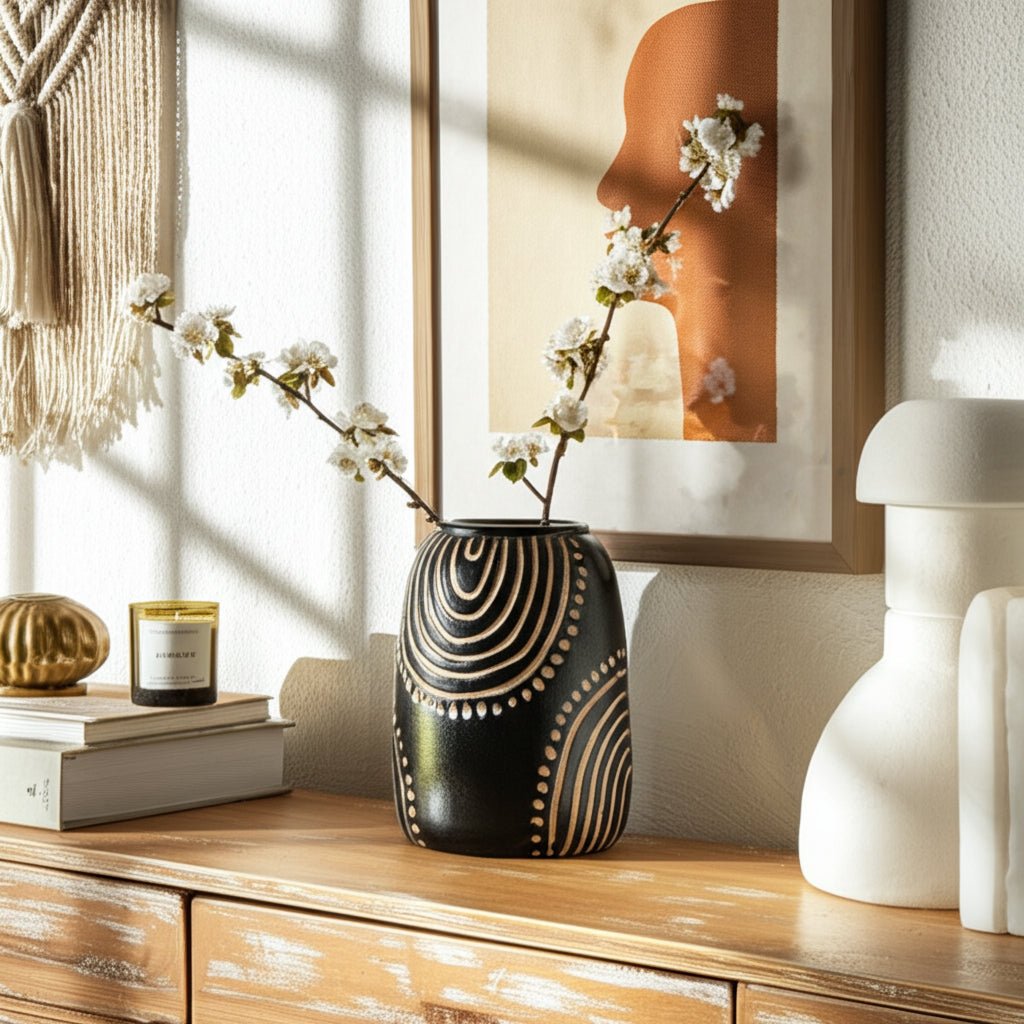 CERAMIC TRIBAL ARCH VASE, BLACK/TAN Vases and Jars| Sagebrook Home