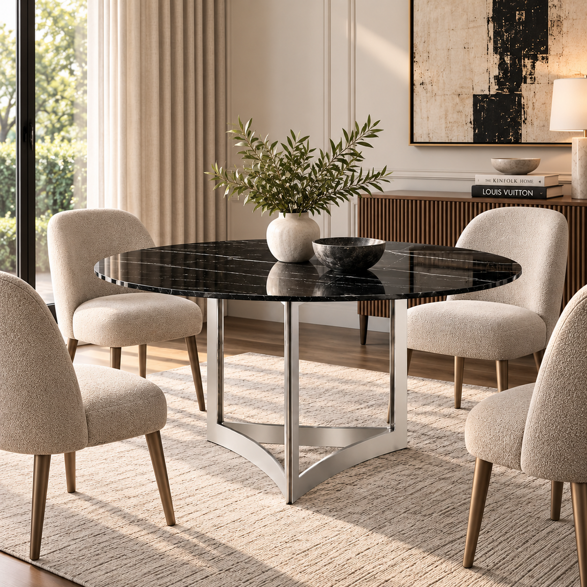 Alexa Dining Table Silver Base and 130 CM Round Black Marble
