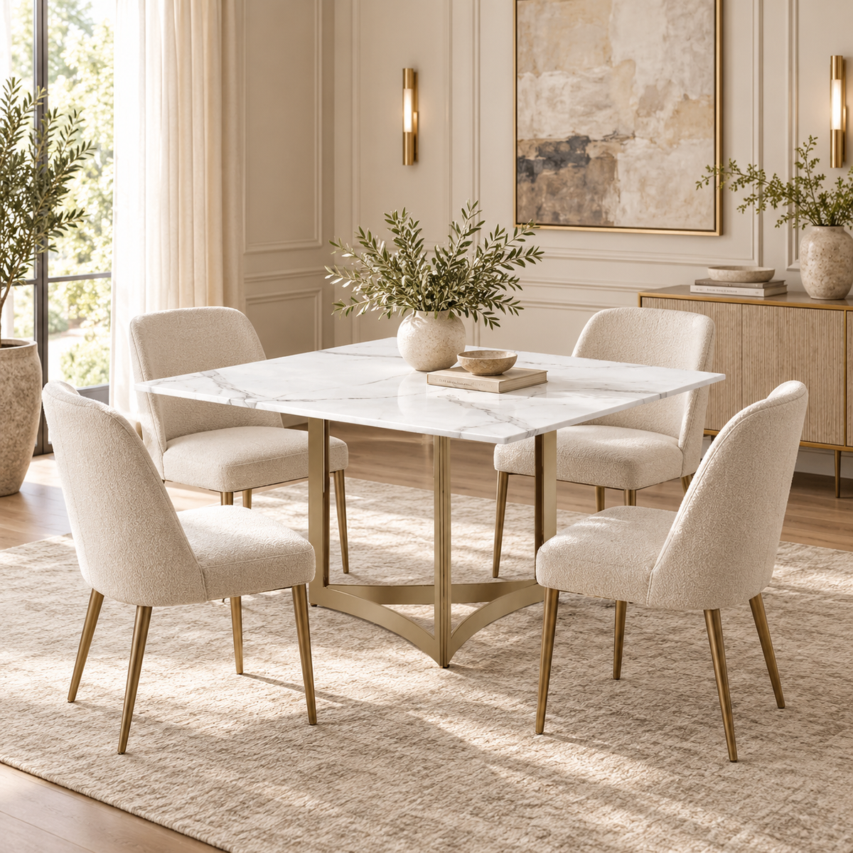 Alexa Dining Table Gold Base and 160 CM Square White Marble