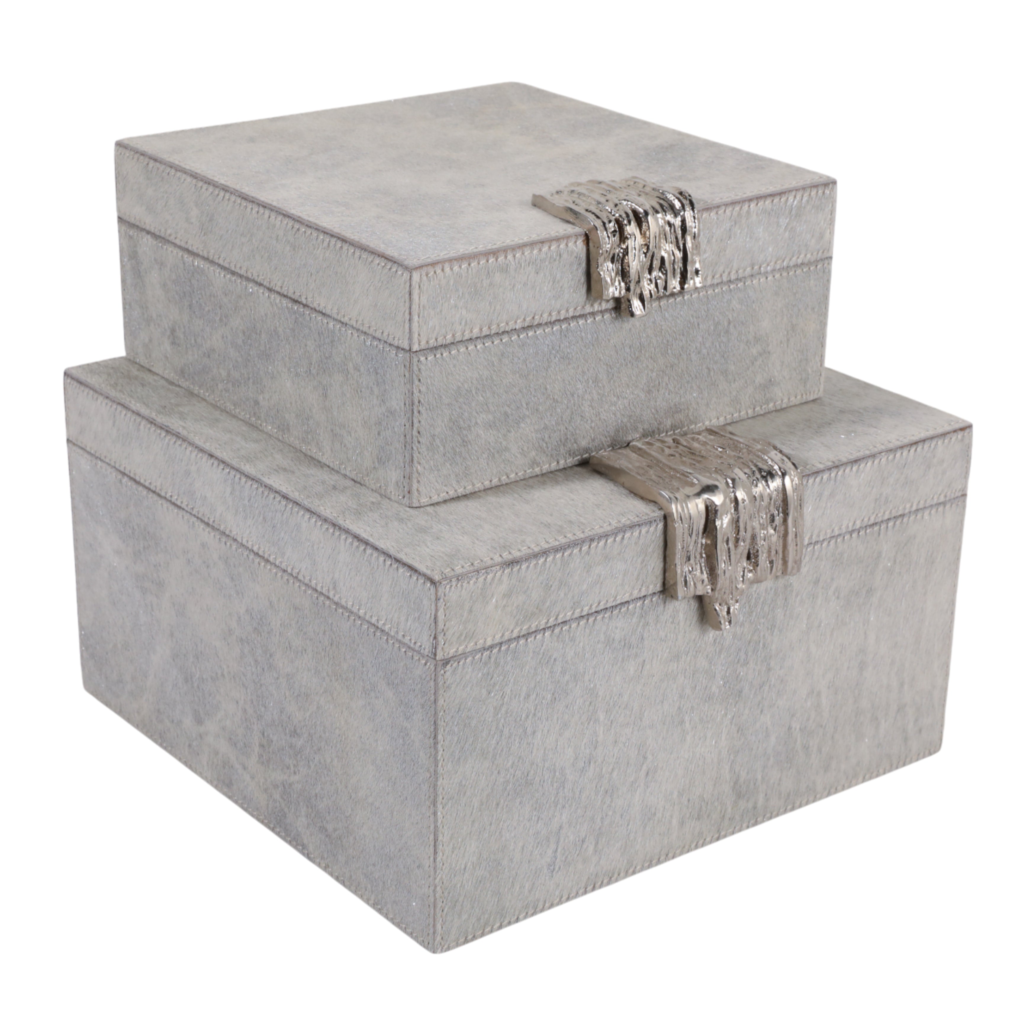 S/2 7/9" GLOUSTER SILVER HAIR ON HIDE BOXES