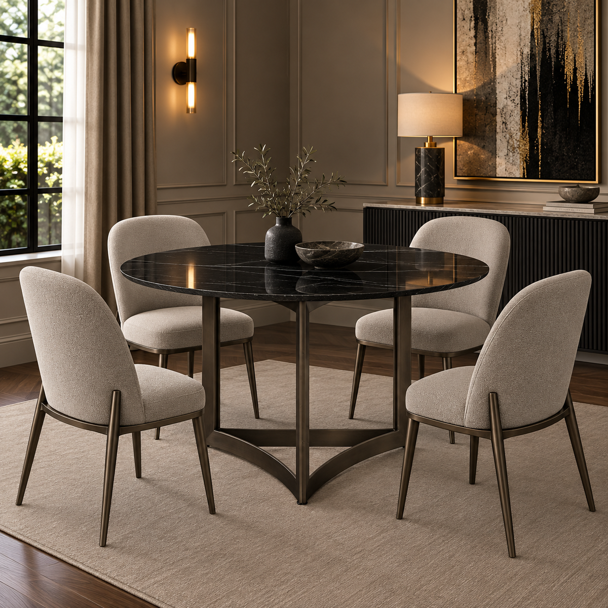 Alexa Dining Table Bronze Base and 150 CM Round Black Marble