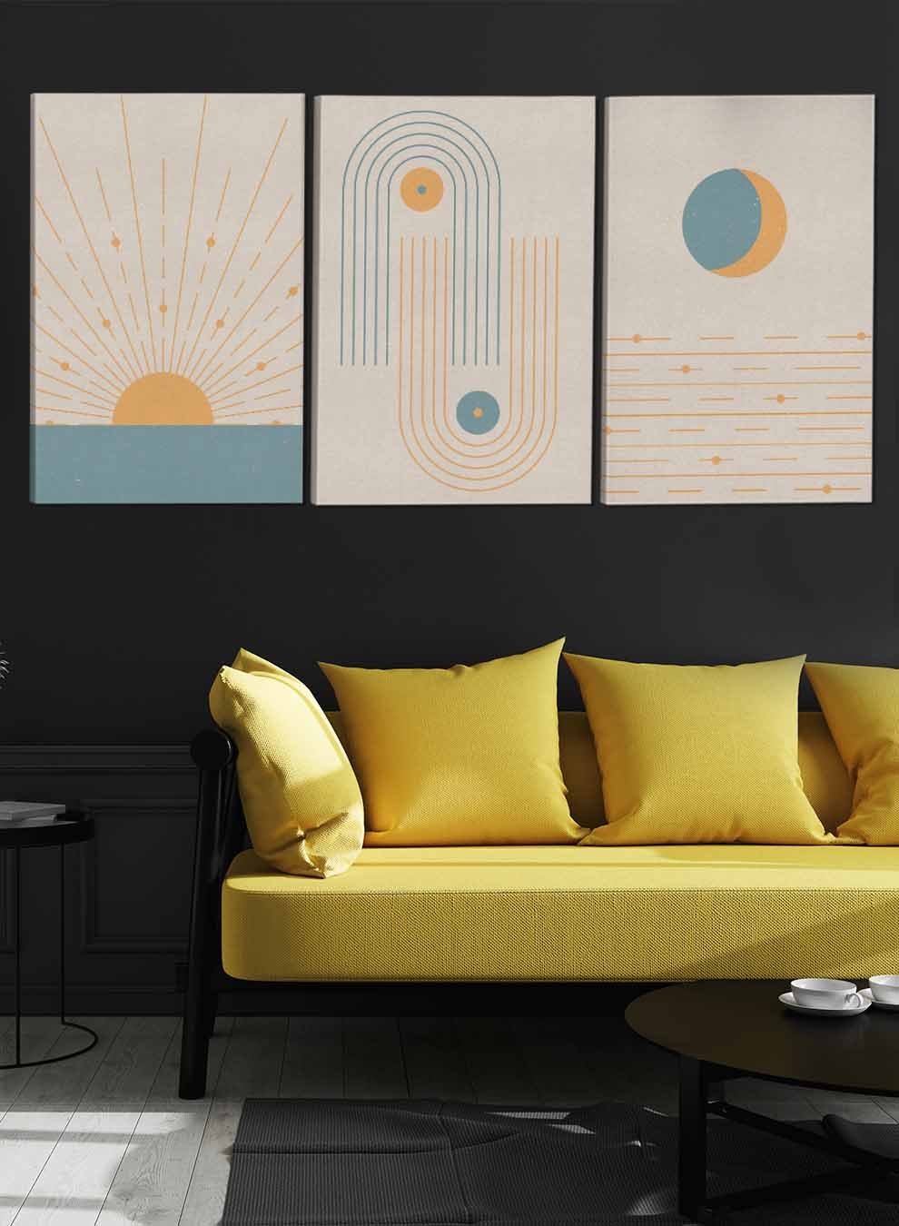 Circle Dots And Sun Rays Abstract Paintings(set of 3) Paintings & Pictures| LOWHA