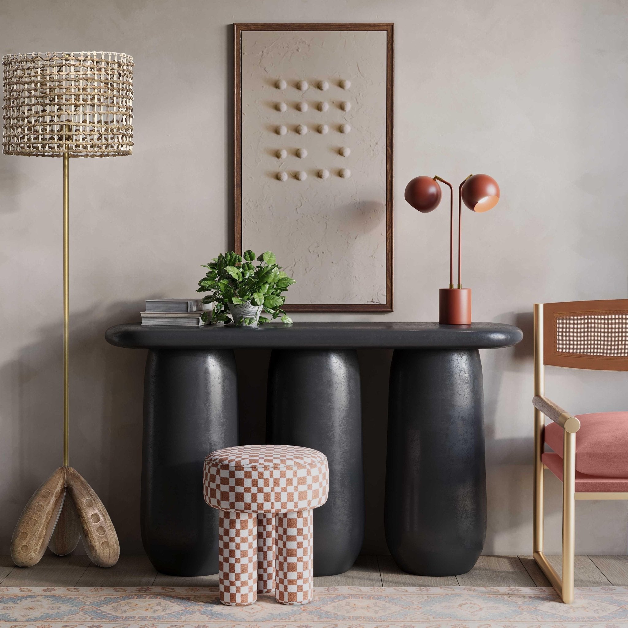 Claire Brown Checkered Boucle Stool Stools| TOV
