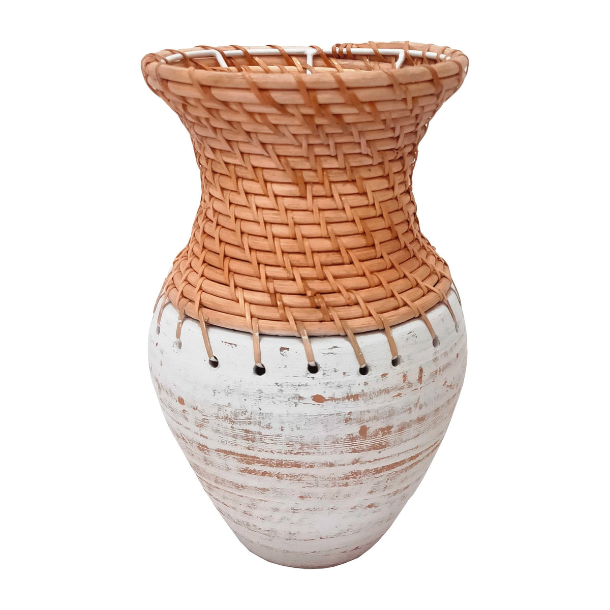CLAY, 11" VASE WITH WOVEN TOP, WHITE/NATURAL Vases and Jars| Sagebrook Home