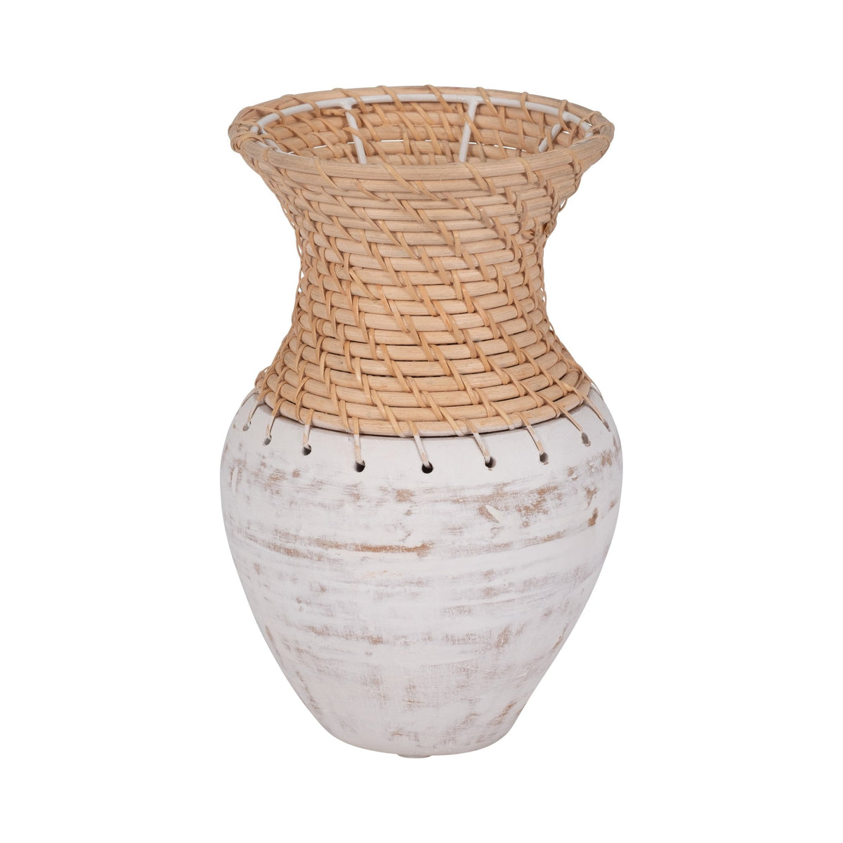 CLAY, 11" VASE WITH WOVEN TOP, WHITE/NATURAL Vases and Jars| Sagebrook Home