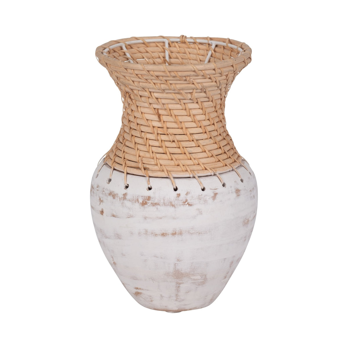 CLAY, 11" VASE WITH WOVEN TOP, WHITE/NATURAL Vases and Jars| Sagebrook Home