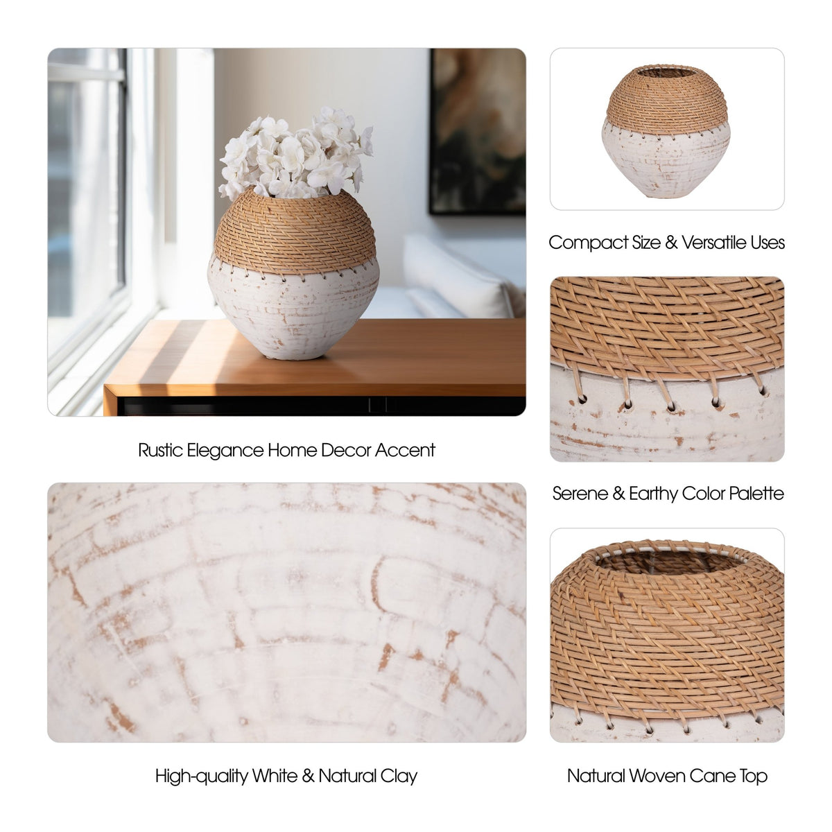 CLAY, 9" VASE WITH WOVEN TOP, WHITE/NATURAL Vases and Jars| Sagebrook Home