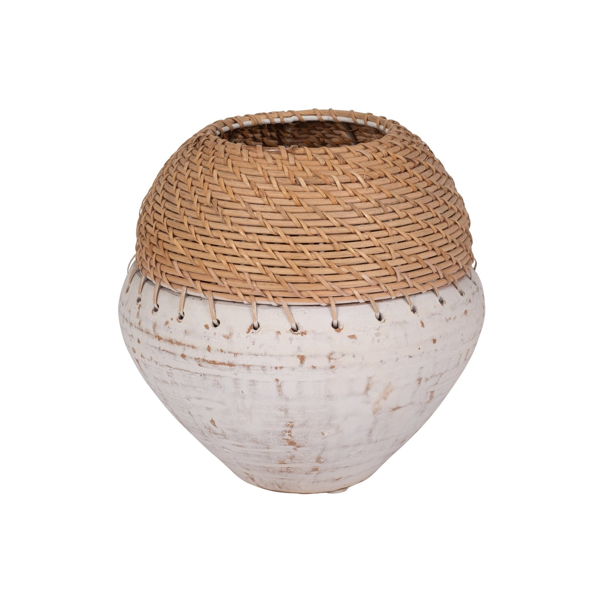 CLAY, 9" VASE WITH WOVEN TOP, WHITE/NATURAL Vases and Jars| Sagebrook Home