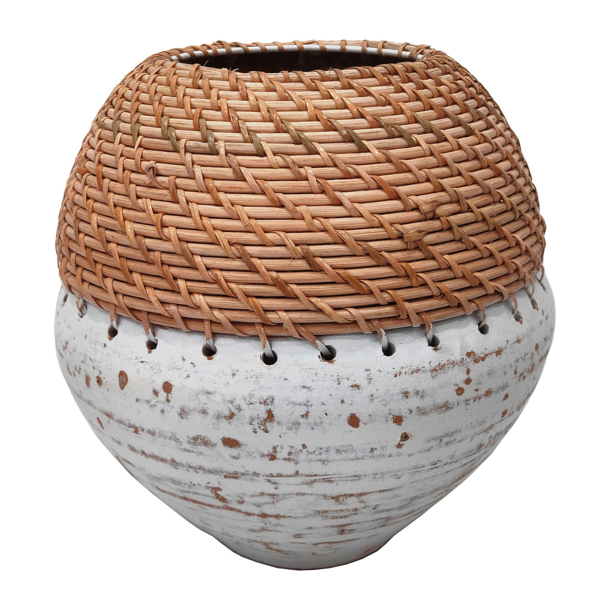 CLAY, 9" VASE WITH WOVEN TOP, WHITE/NATURAL Vases and Jars| Sagebrook Home
