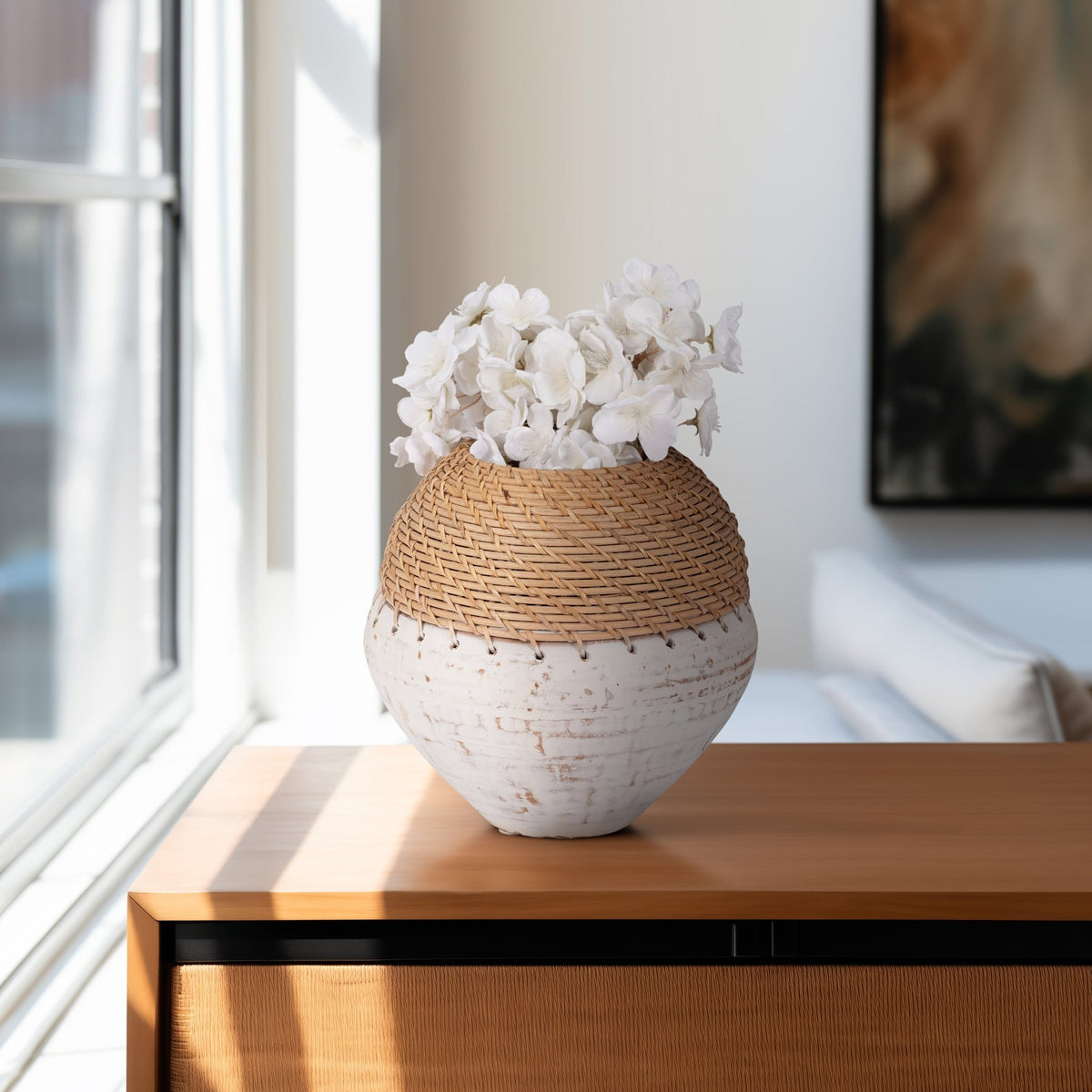 CLAY, 9" VASE WITH WOVEN TOP, WHITE/NATURAL Vases and Jars| Sagebrook Home