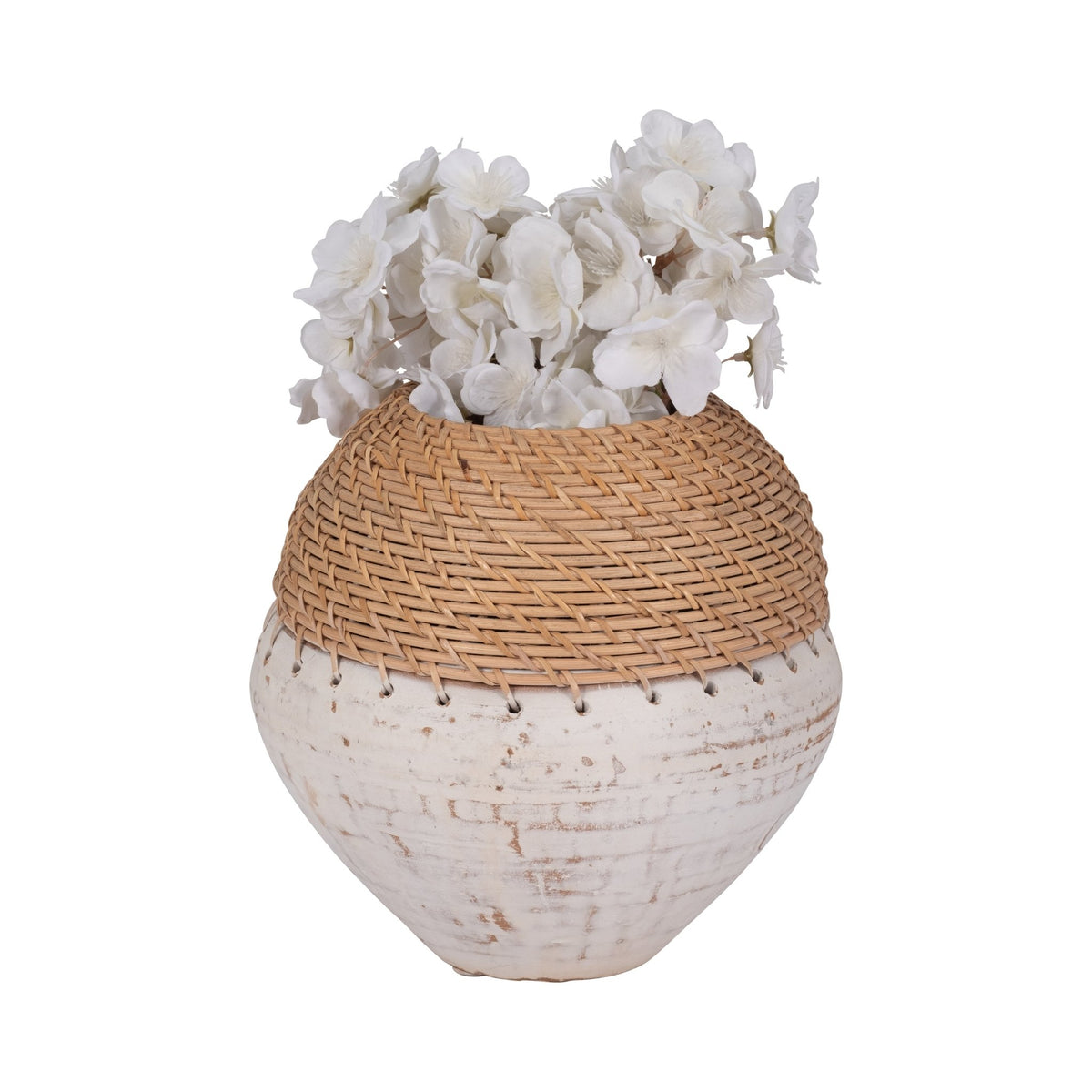 CLAY, 9" VASE WITH WOVEN TOP, WHITE/NATURAL Vases and Jars| Sagebrook Home