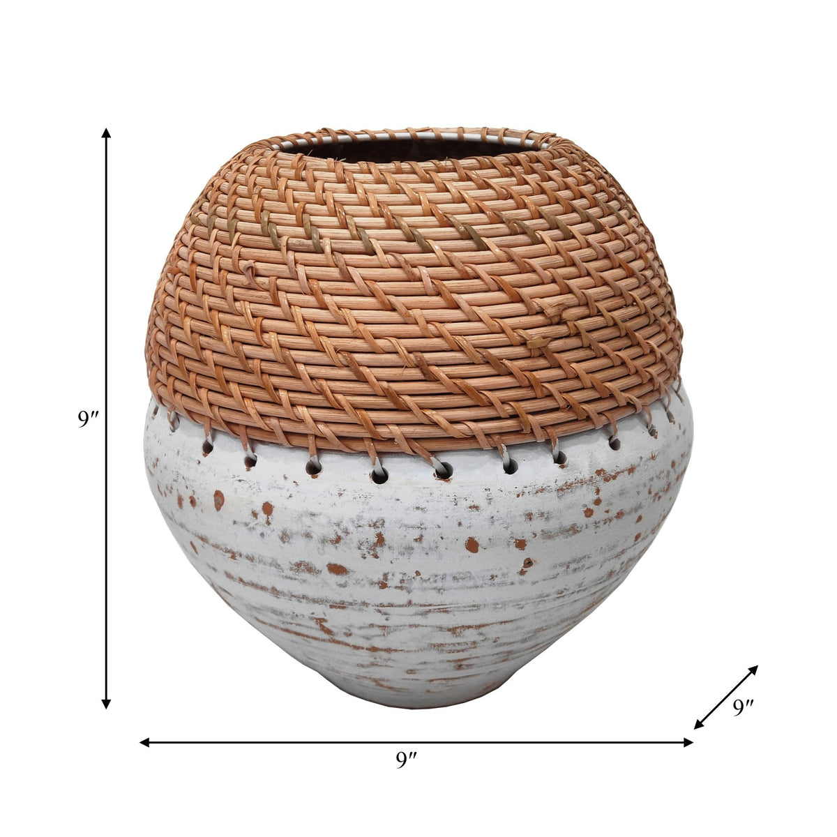 CLAY, 9" VASE WITH WOVEN TOP, WHITE/NATURAL Vases and Jars| Sagebrook Home