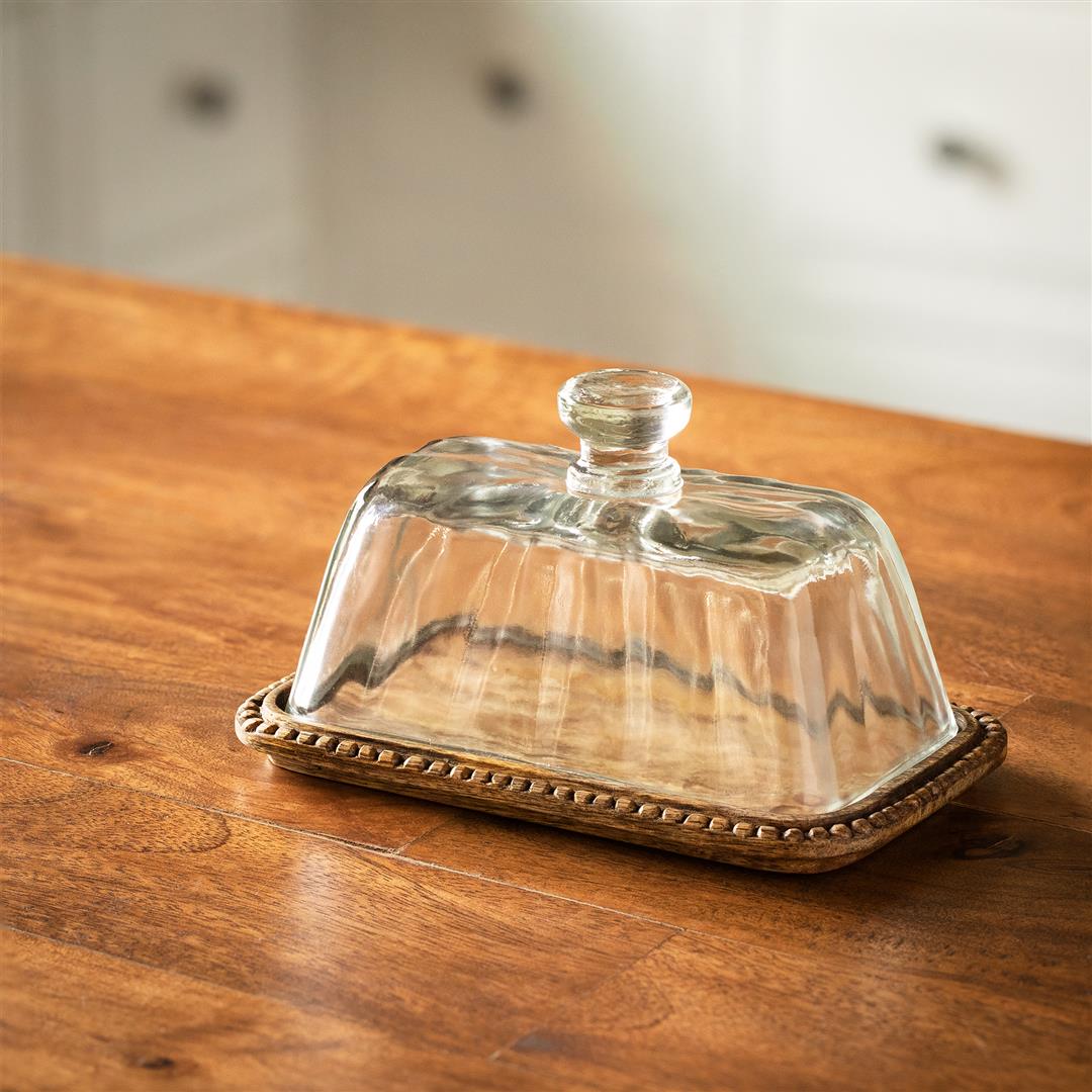 Clear Glass Butter Dish With Wooden Base Tray| Roots Furniture