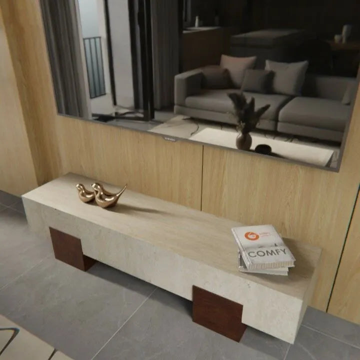 Luxury Travertine Marble TV Console with Wooden Base