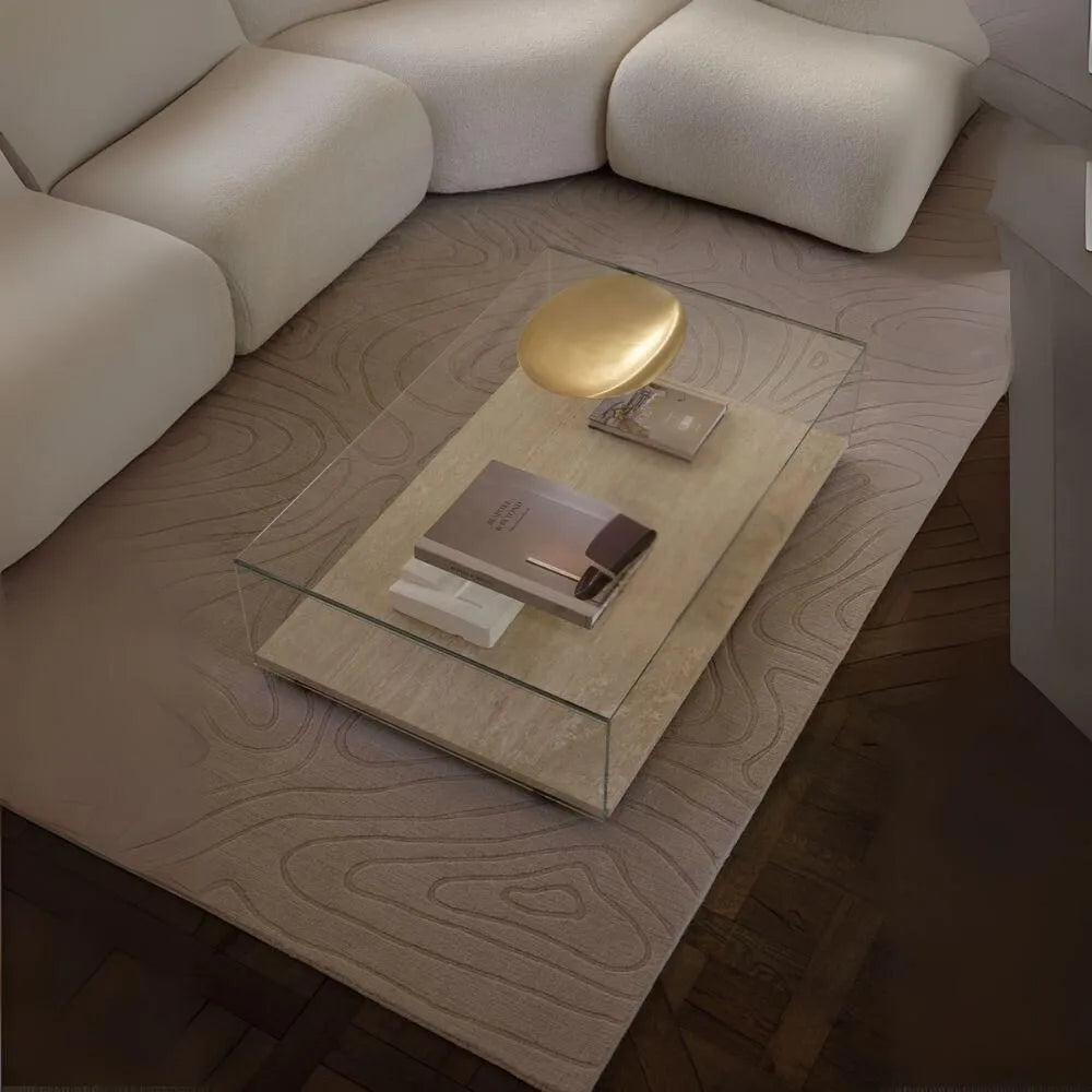 120 cm Travertine Marble & Glass Coffee Table