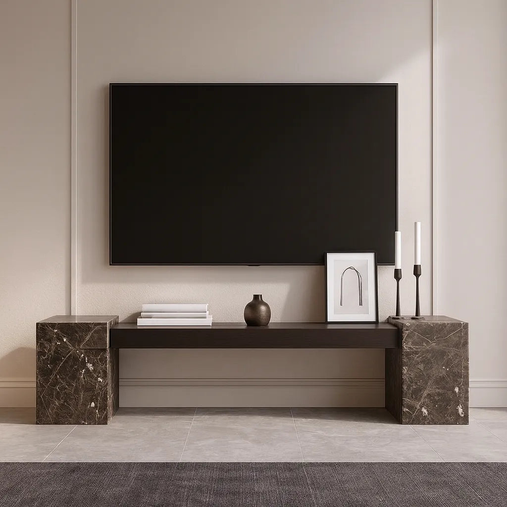 Spanish Emperador Marble TV Console with Walnut Wood