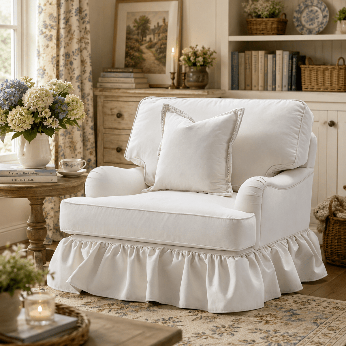 Cottage Calm by Noof Alaboudi Beige Skirted Chair Chairs| Roots Furniture