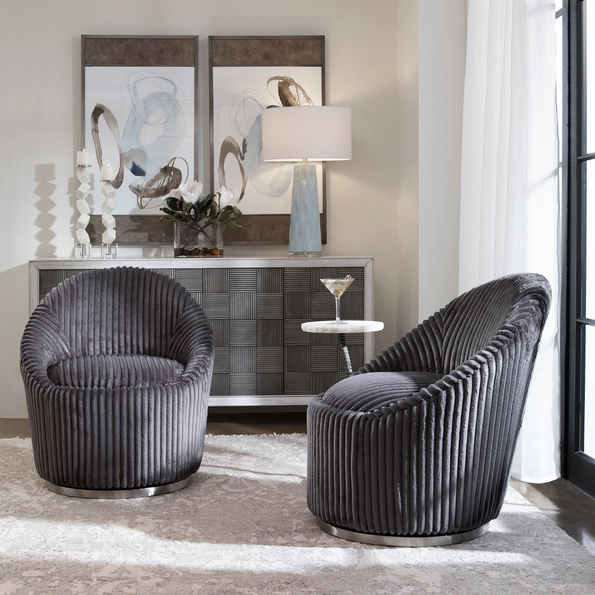 Crue Swivel Chair, Gunmetal Chairs| Uttermost