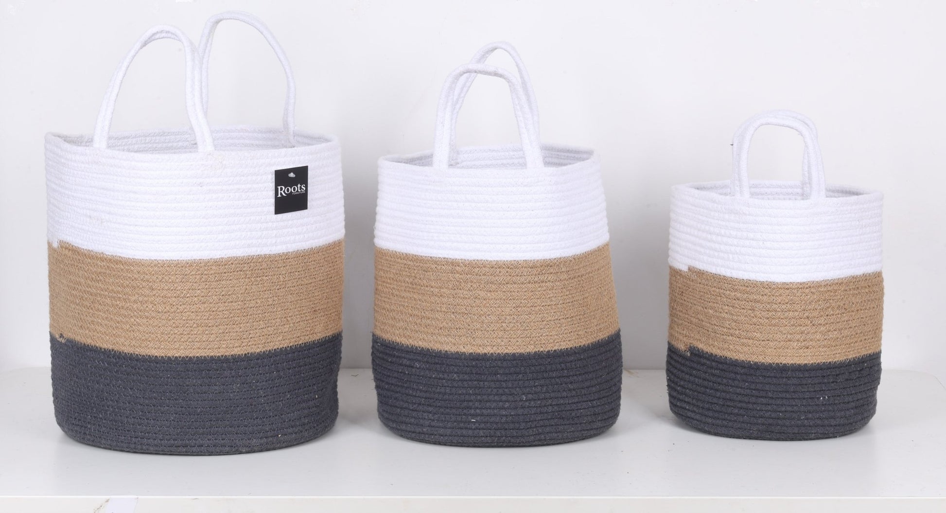 CTN/JUTE LONG BASKET W/HNDL - WHT+NATL+G RY S/3 Baskets| Roots Furniture