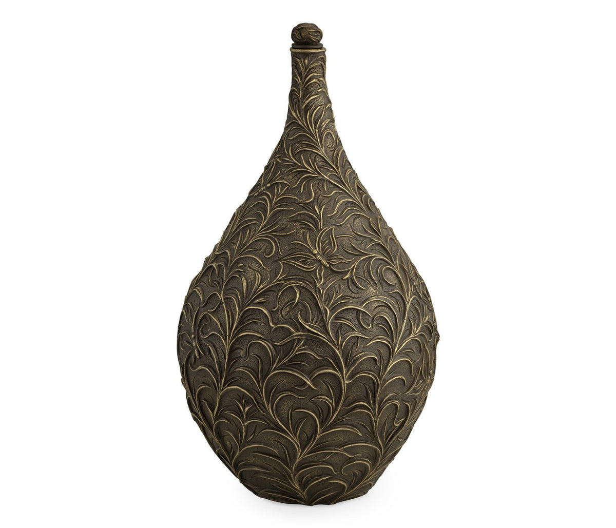 Curated Collection - Large Antique Light Black Brass Vase with Swirl & Butterfly Carvings Ground Decors| Jonathan Charles