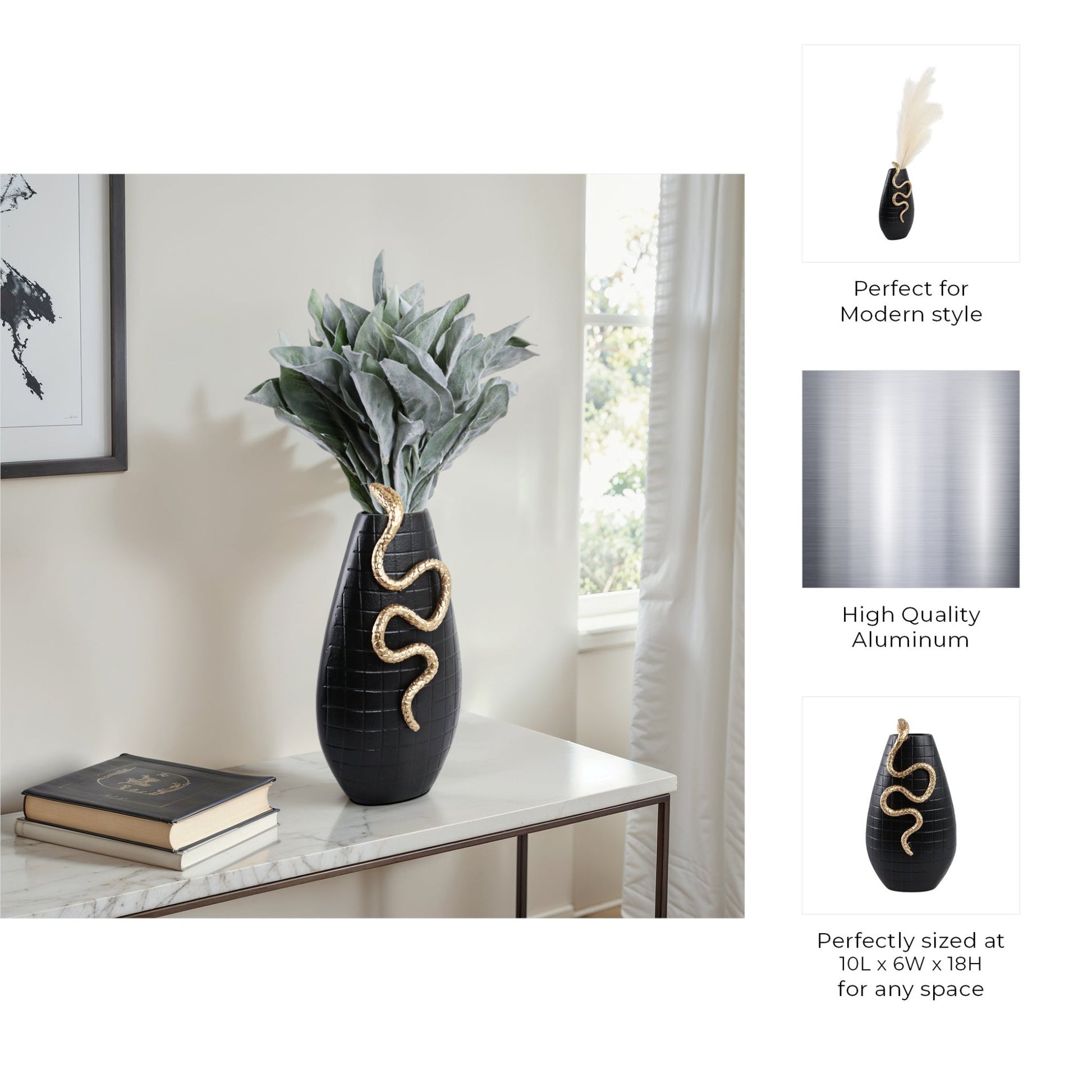 Curved Snake On Vase, Black/gold Vases and Jars| Sagebrook Home