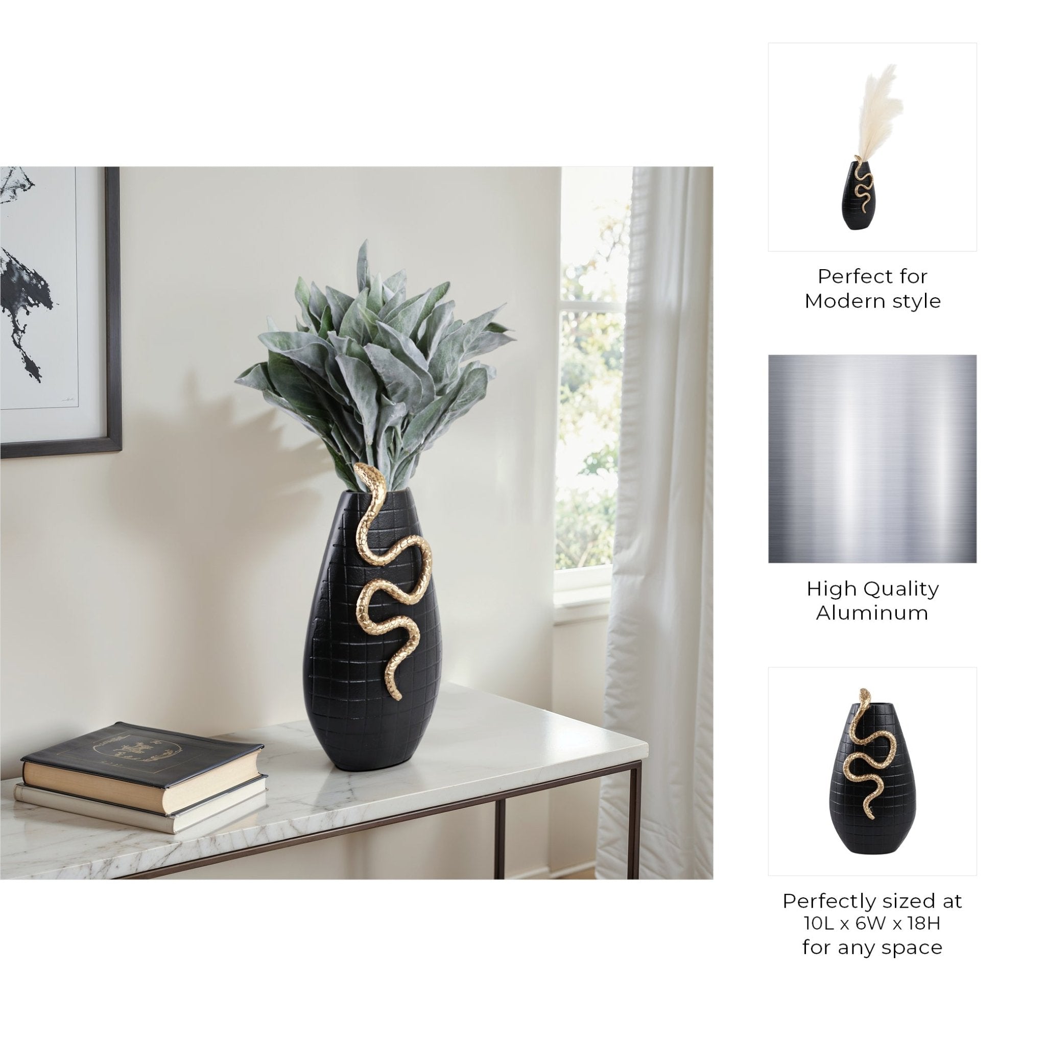 Curved Snake On Vase, Black/gold Vases and Jars| Sagebrook Home