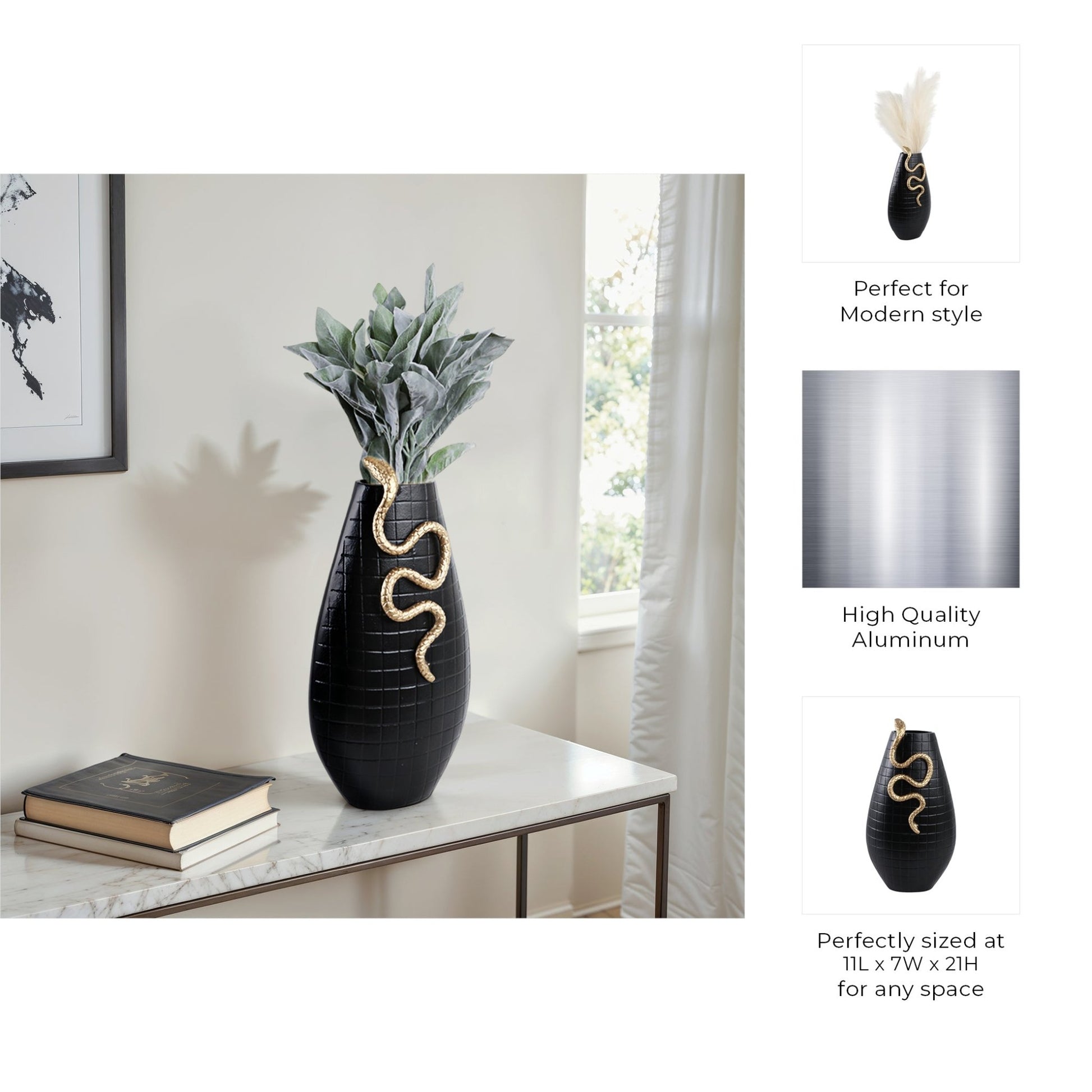 Curved Snake On Vase, Black/gold Vases and Jars| Sagebrook Home