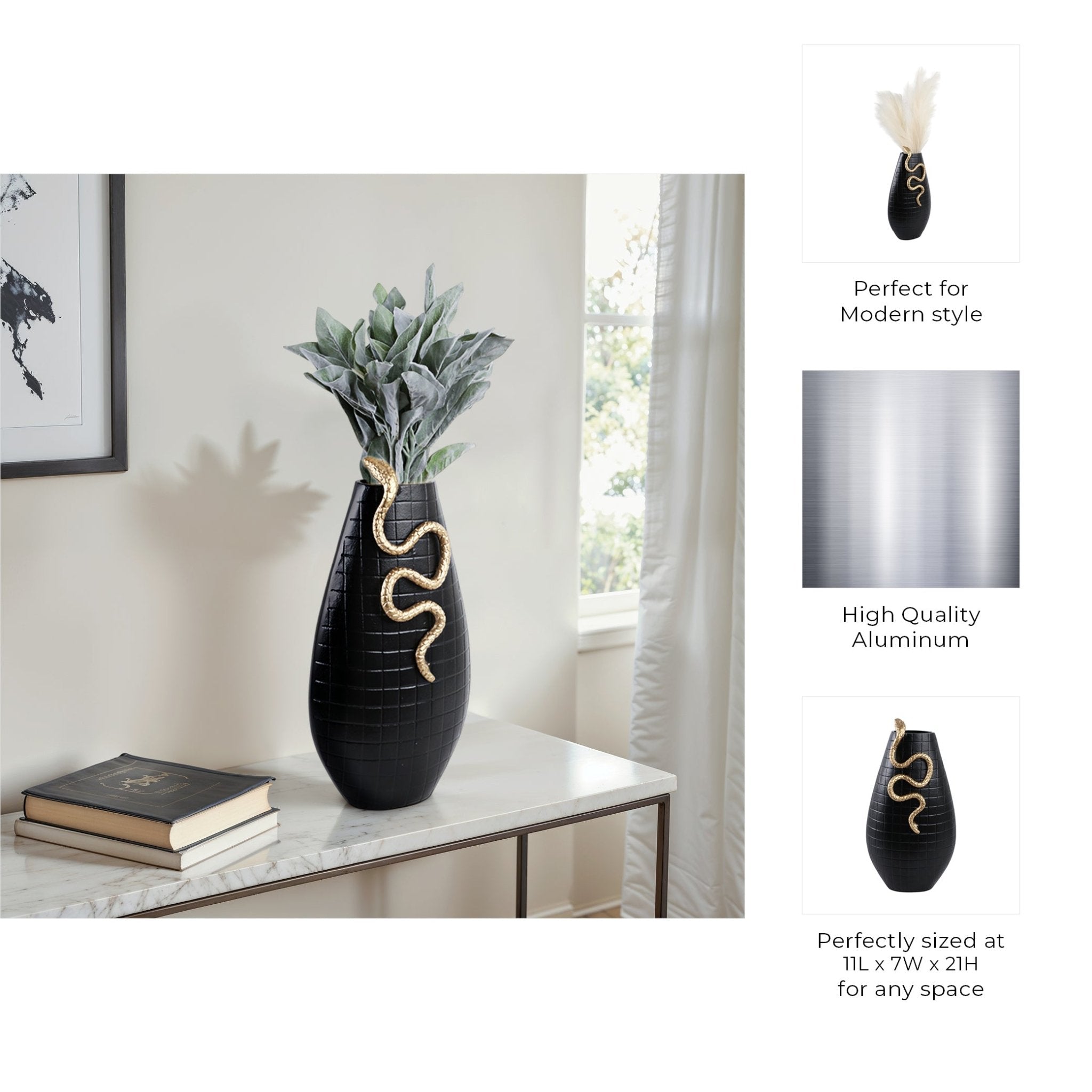 Curved Snake On Vase, Black/gold Vases and Jars| Sagebrook Home