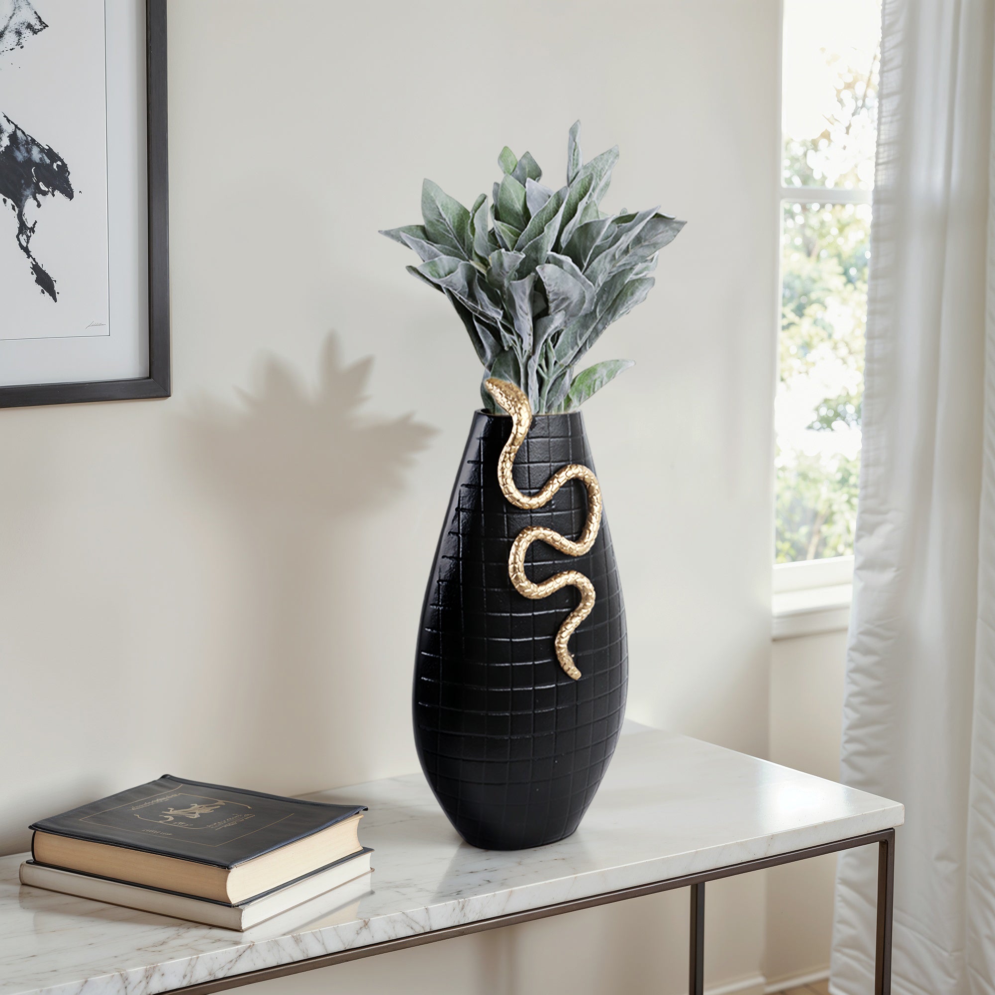Curved Snake On Vase, Black/gold Vases and Jars| Sagebrook Home