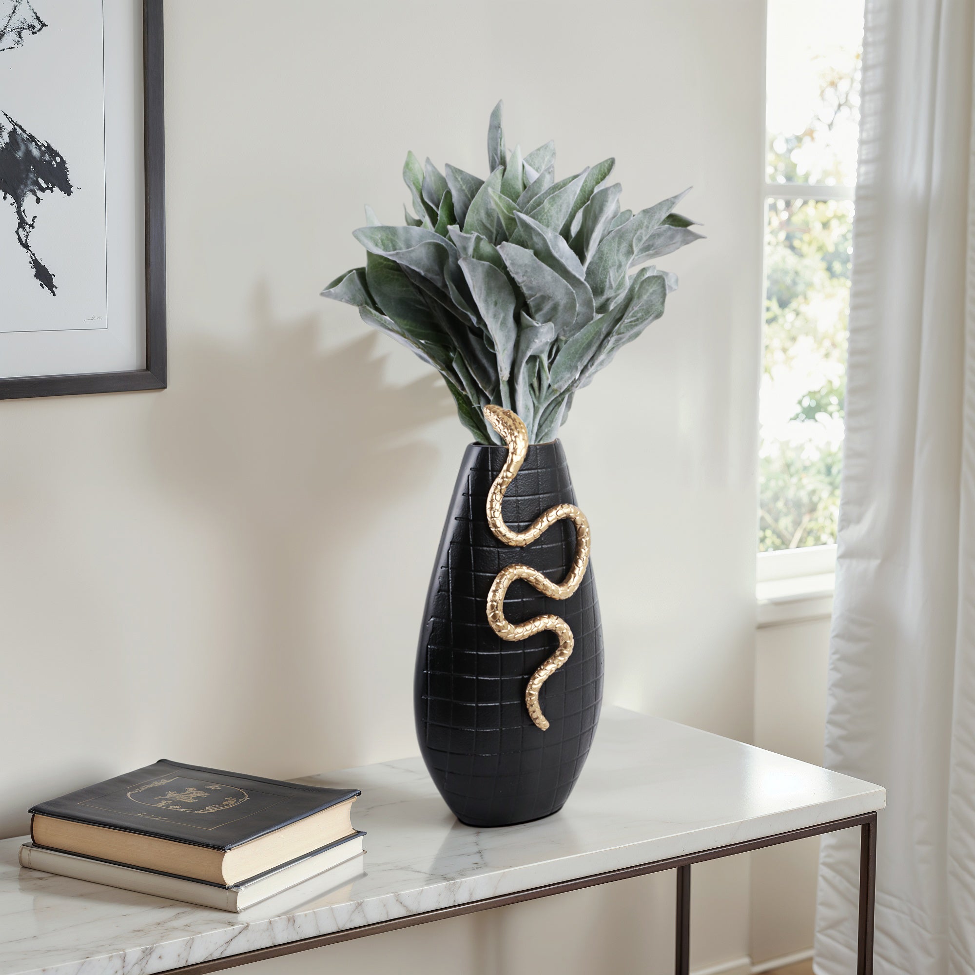 Curved Snake On Vase, Black/gold Vases and Jars| Sagebrook Home