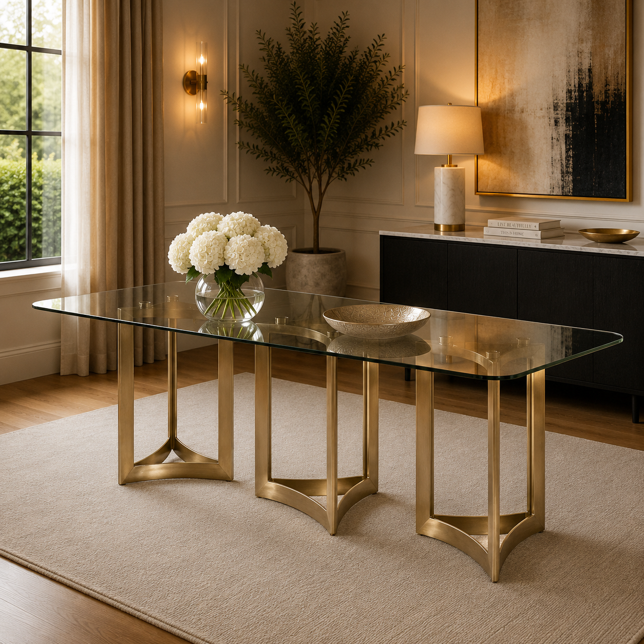 Alexa Dining Table Gold Base and 395 CM Clear Glass