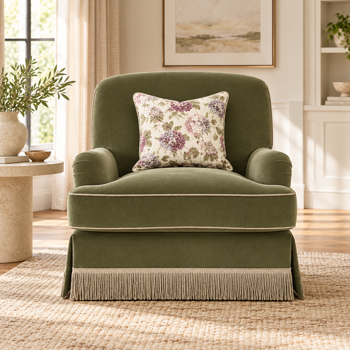 Jasmine Olive Arm Chair Fringe Skirted