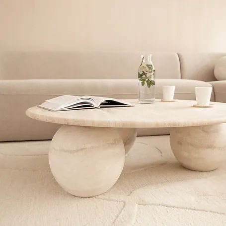 Royal | EtherealEdge Marble Coffee Table with Natural Travertine Surface & Stone Bases - Iqbala White - 100x100x42 cm