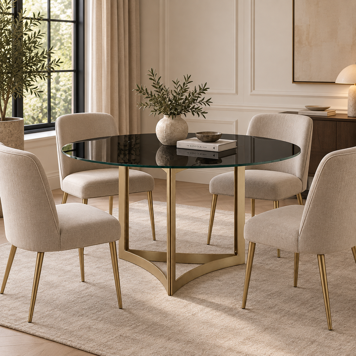 Alexa Dining Table Gold Base and 130 CM Round Black Glass