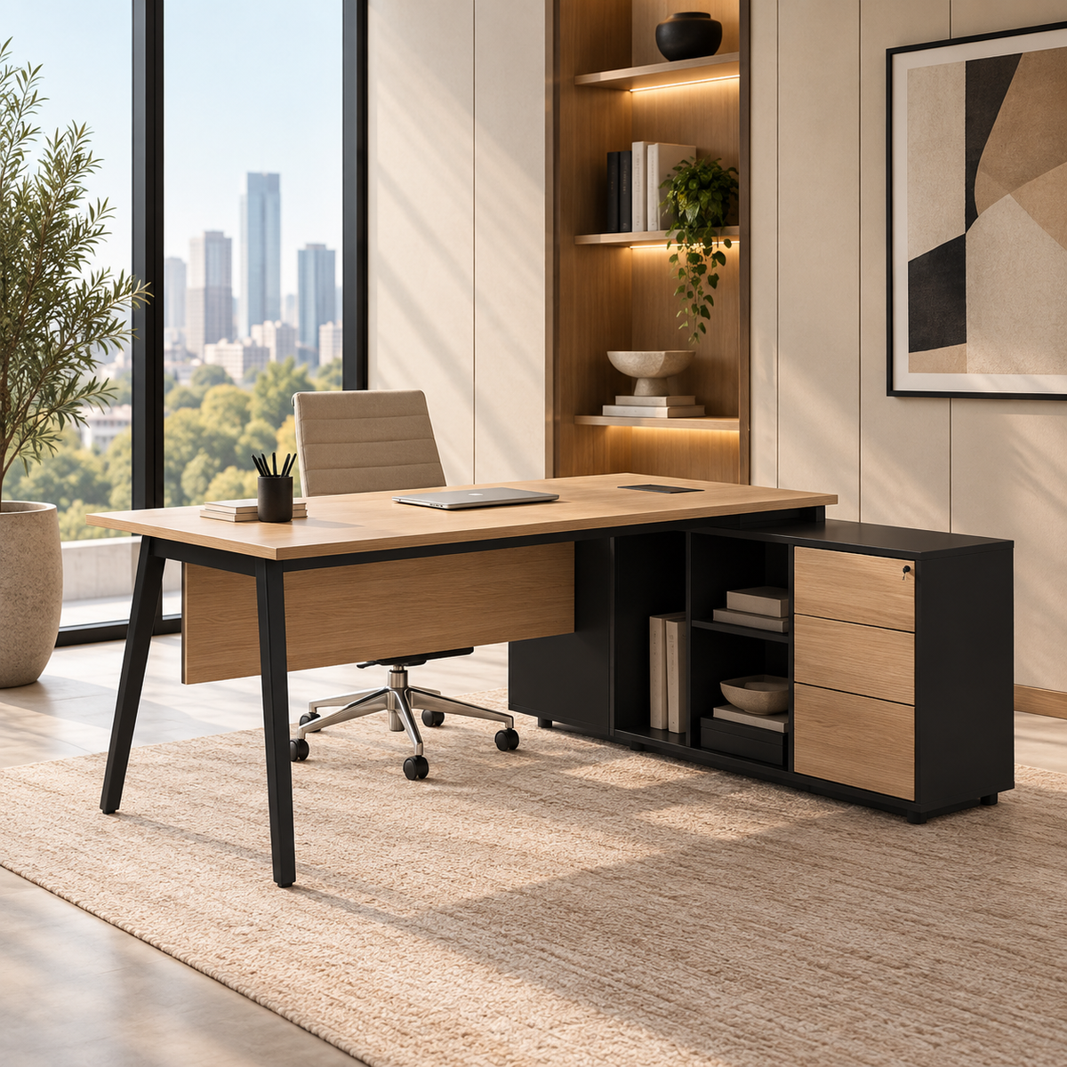 Light Oak Office Desk with Lockable Side Return - Small