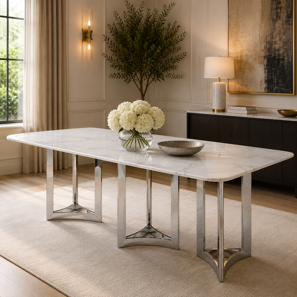 Alexa Dining Table Silver Base and 395 CM White Marble