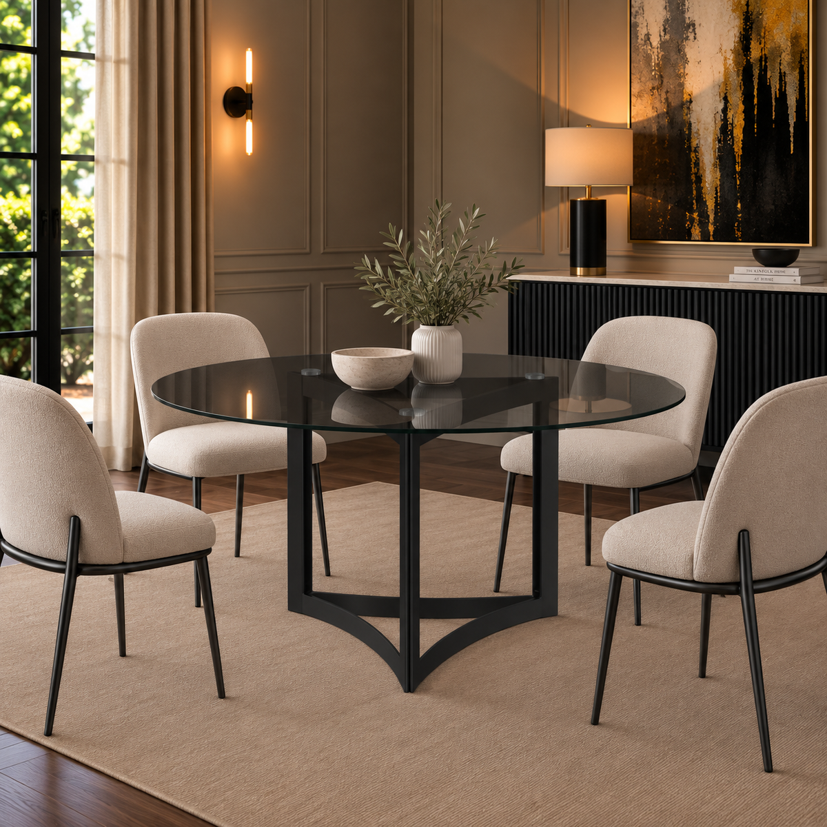 Alexa Dining Table Black Base and 130 CM Round Gray Glass