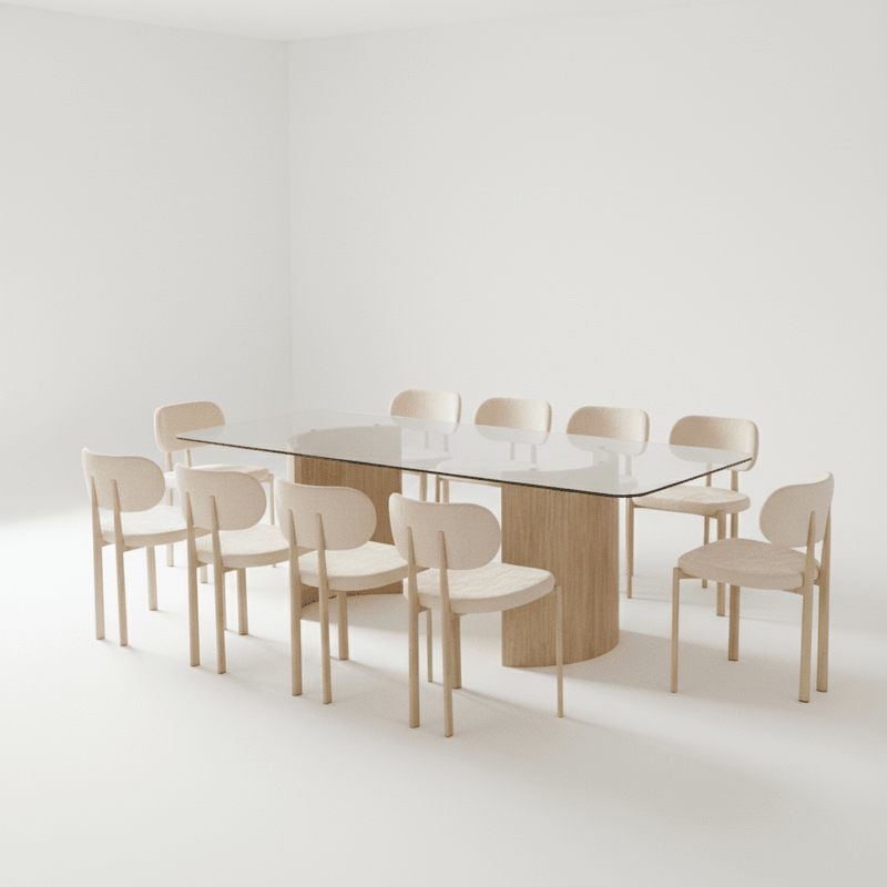 Dallas Clear Beige Glass Dining Set – Table + 10 Chairs – Peak family luxury Dining Set| Otath