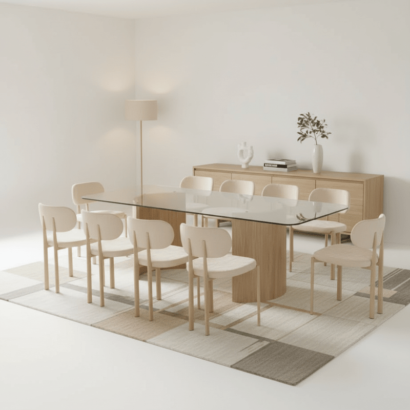 Dallas Clear Beige Glass Dining Set – Table + 10 Chairs – Peak family luxury Dining Set| Otath