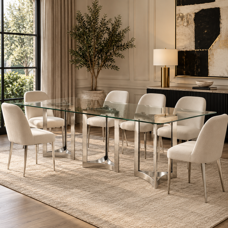 Alexa Dining Table Silver Base and 295 CM Clear Glass