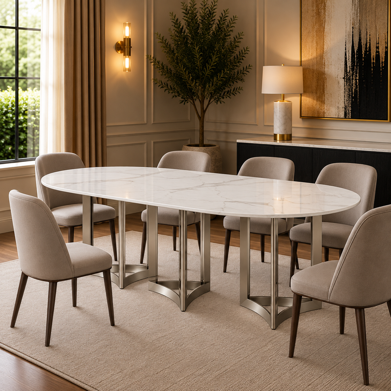 Alexa Dining Table Silver Base and 240 CM Oval White Marble