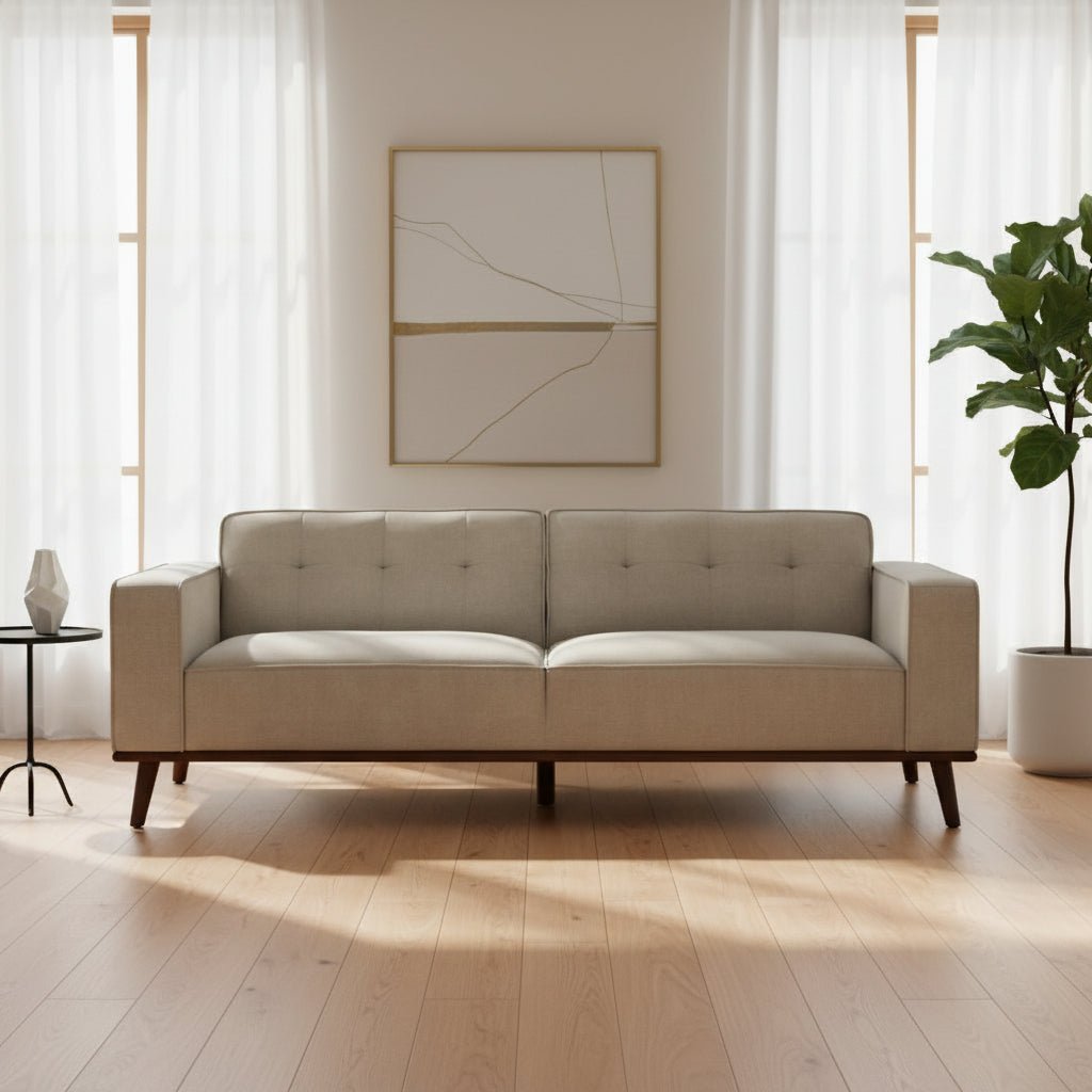 Destiny Sofa with Wood Front in Belfast Fog Sofas & Loveseats| Roots Furniture