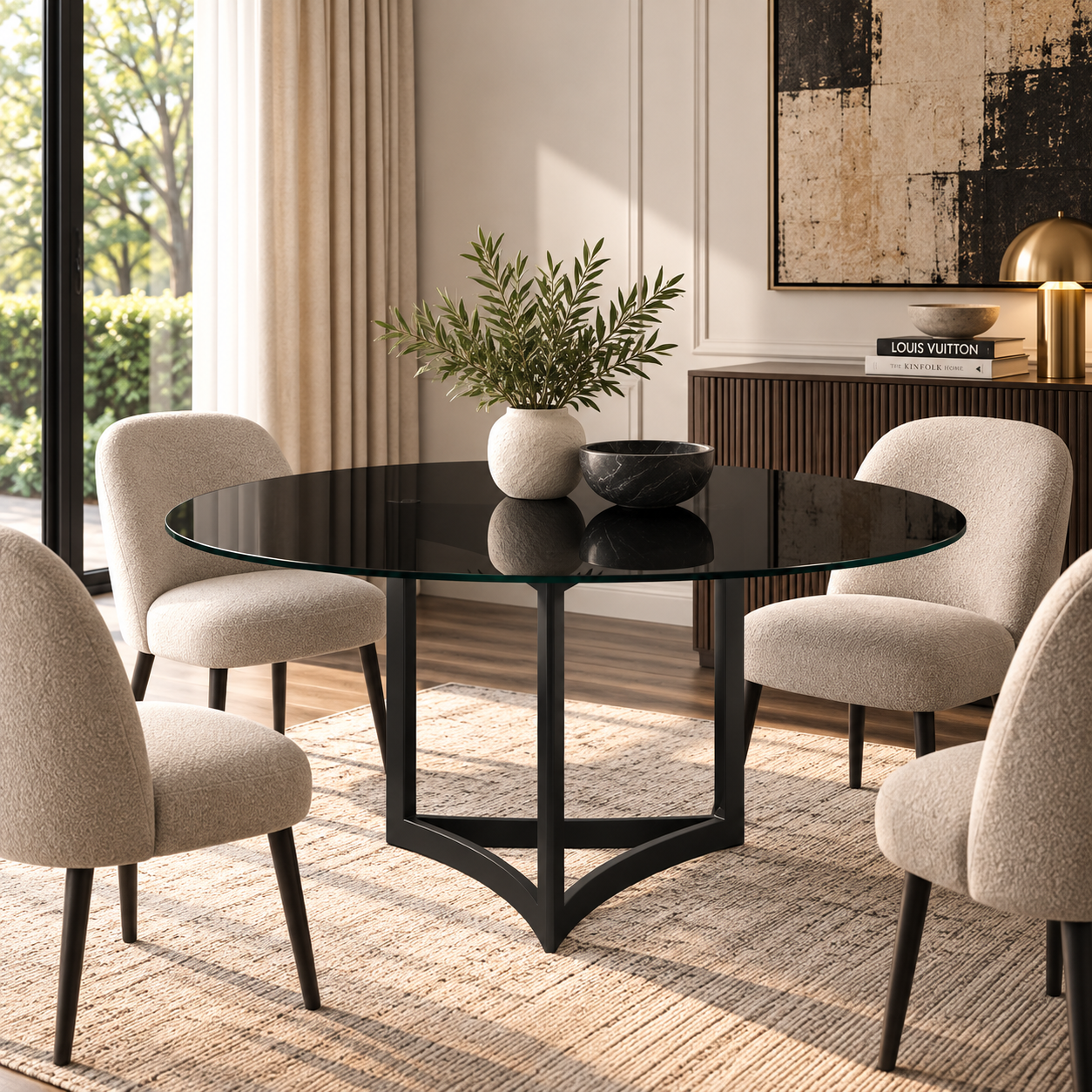 Alexa Dining Table Black Base and 130 CM Round Black Glass
