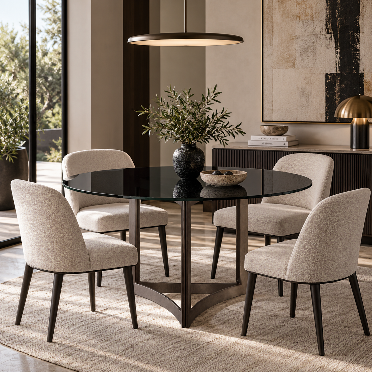 Alexa Dining Table Bronze Base and 130 CM Round Black Glass