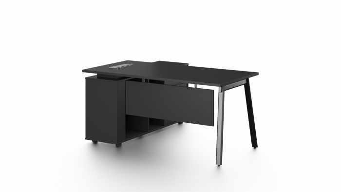 Pure Black Office Desk with Lockable Side Return - Medium