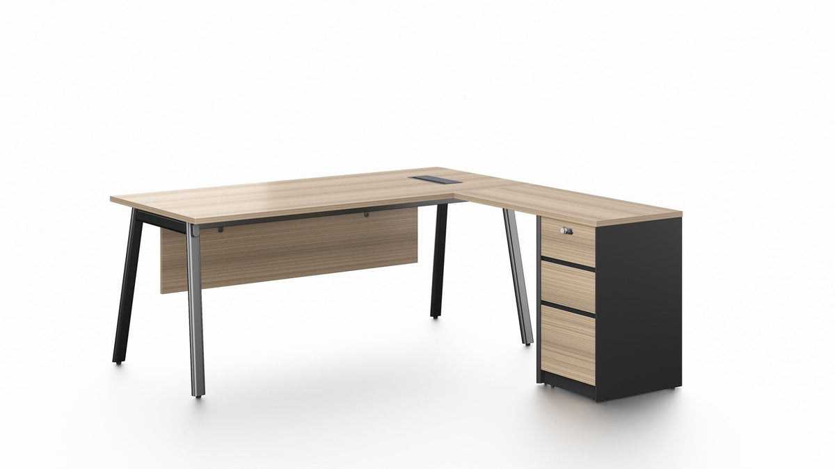 Desk with Side Pedestal - Light Oak and Pure Black (1800 mm)