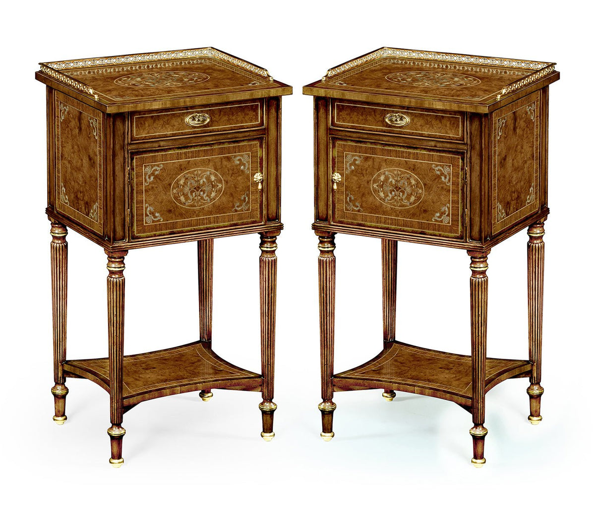 Duchess Collection - Pair of Burl & Mother of Pearl Bedside Cabinets with Undertier Ground Decors| Jonathan Charles