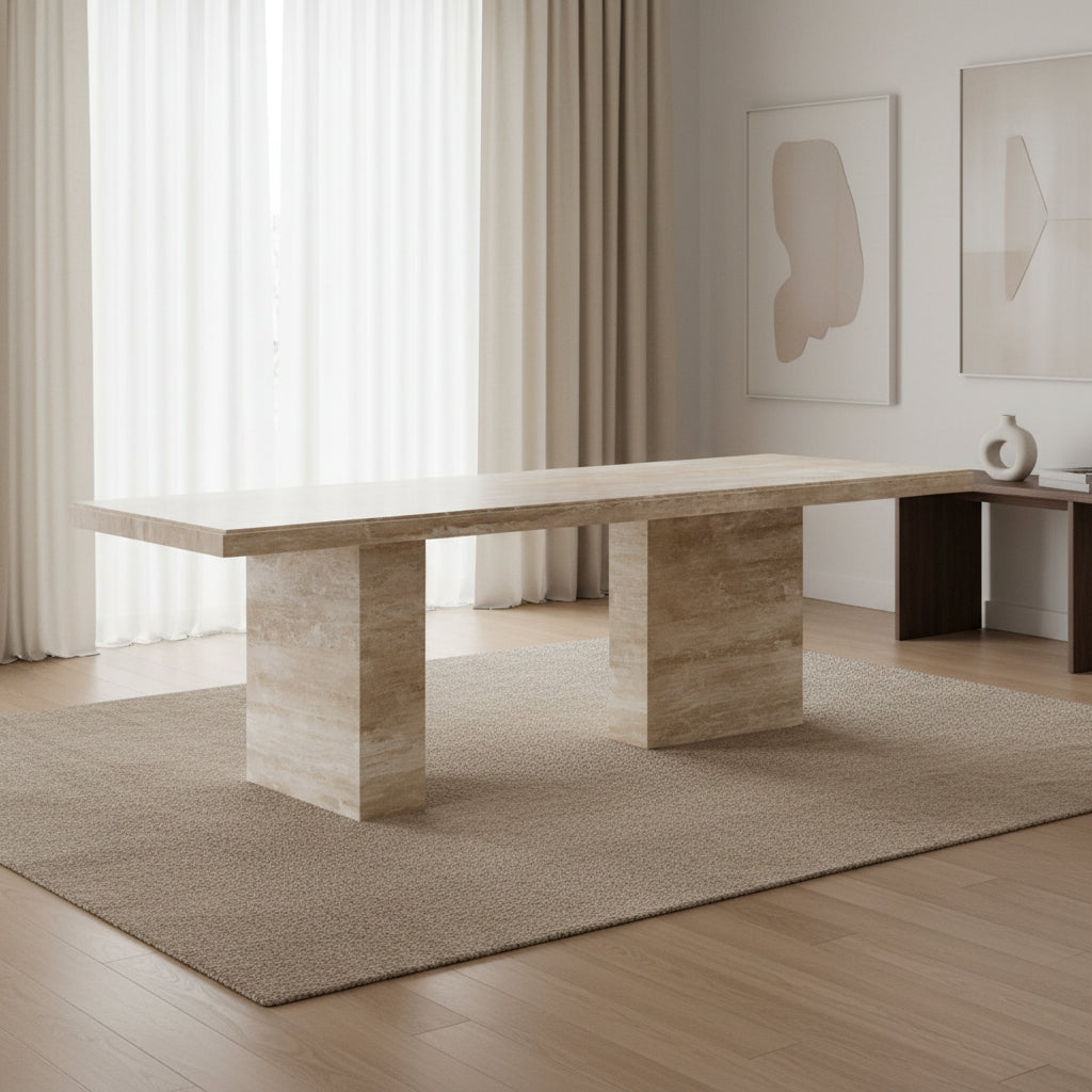 Royal | GalacticGleam Marble Dining Table in Natural Travertine Marble - Beige - 220x100x80 cm