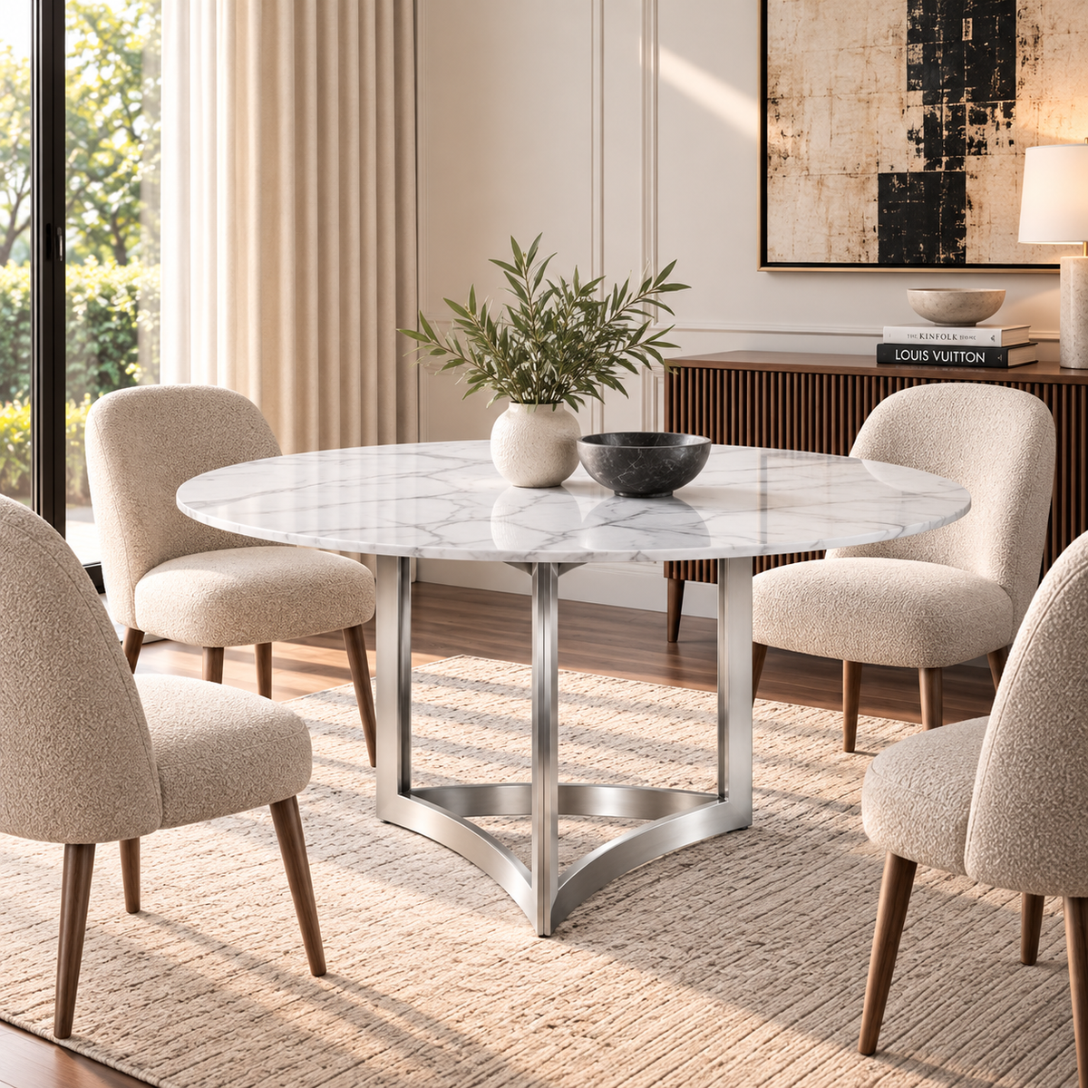 Alexa Dining Table Silver Base and 130 CM Round White Marble