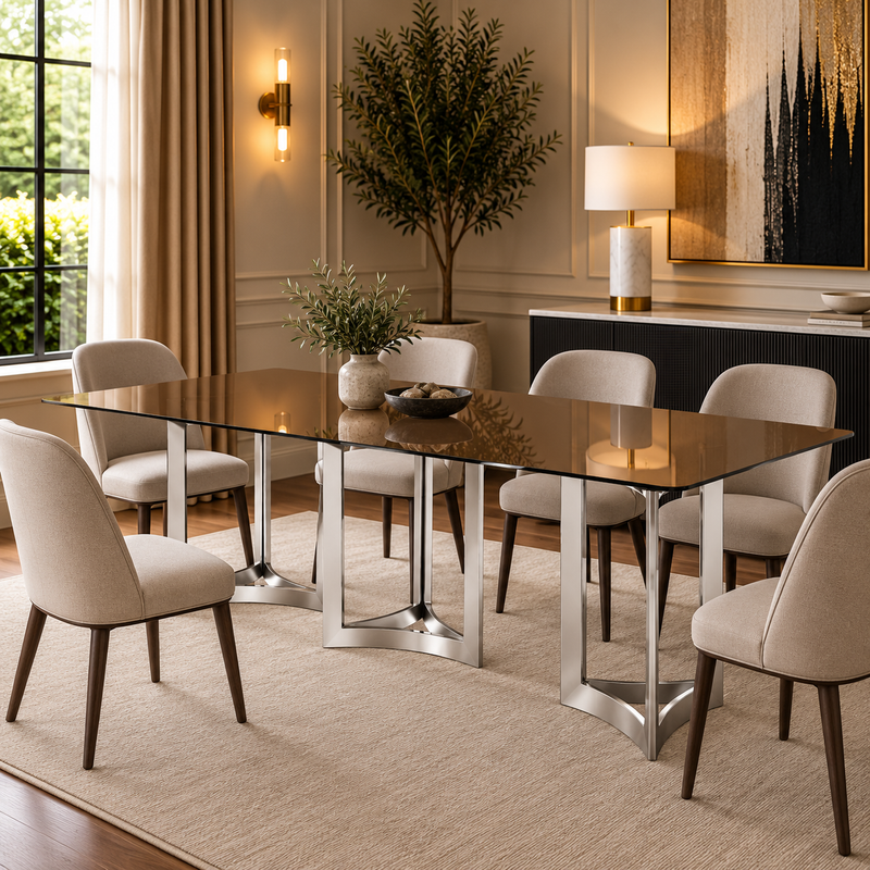 Alexa Dining Table Silver Base and 350 CM Gold Glass